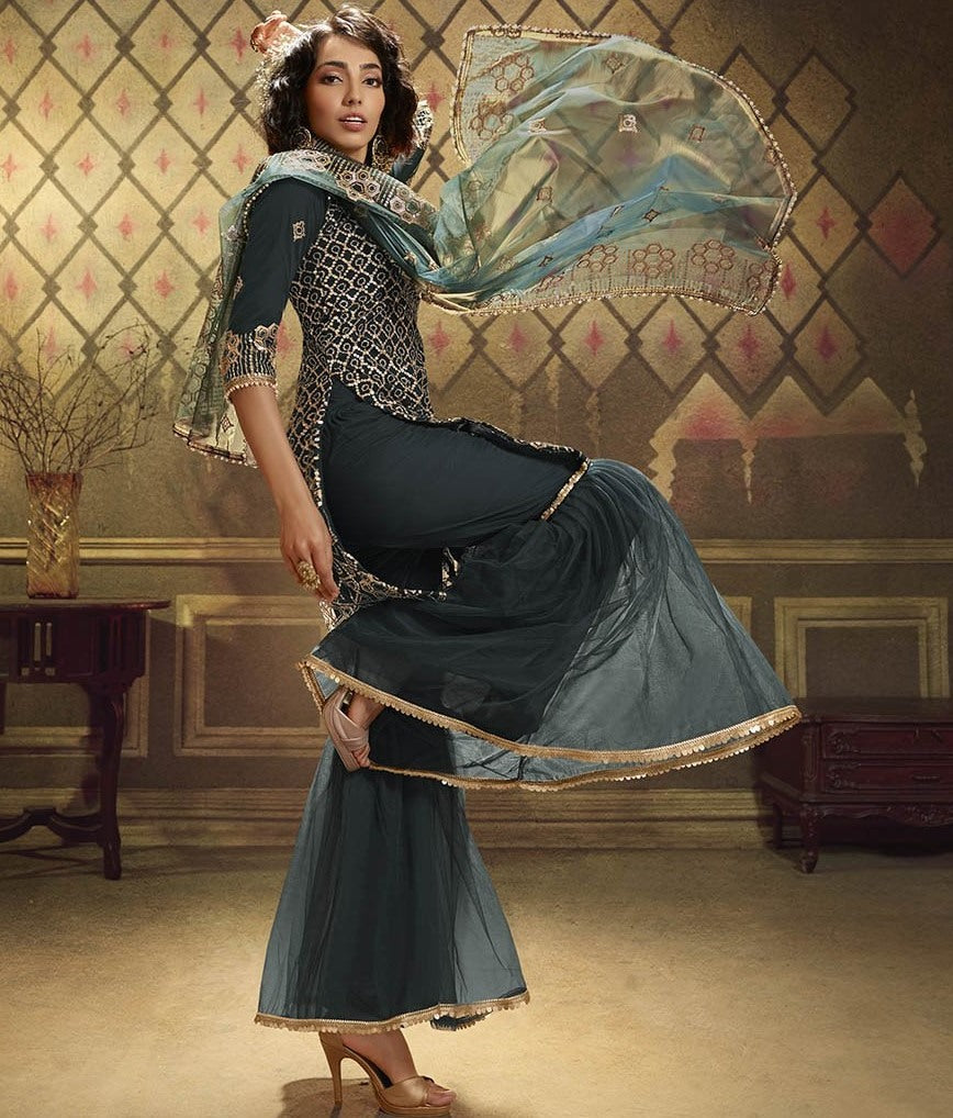 Dark Grey soft net sequence work party wear sharara salwar suit
