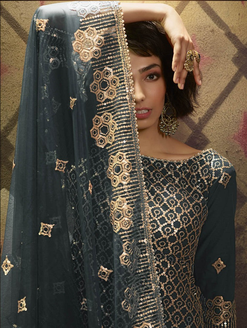 Dark Grey soft net sequence work party wear sharara salwar suit