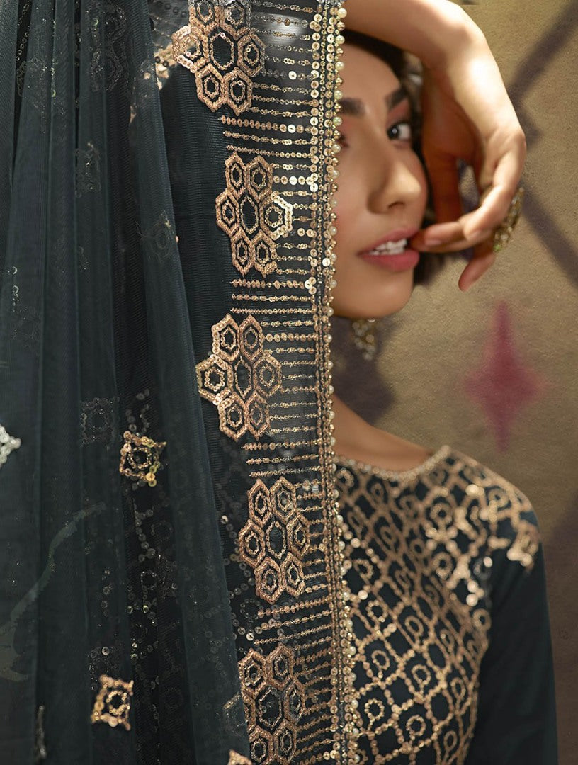 Dark Grey soft net sequence work party wear sharara salwar suit