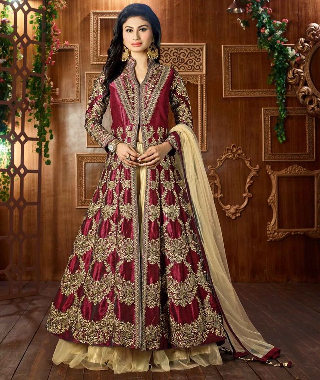 Dark Maroon Colored Taffeta Silk Digital Zari Embroidery and Moti Work Semi Stitched Indo Western gown