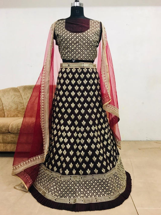 dark maroon soft ton tapeta silk heavy embroidered wedding lehenga