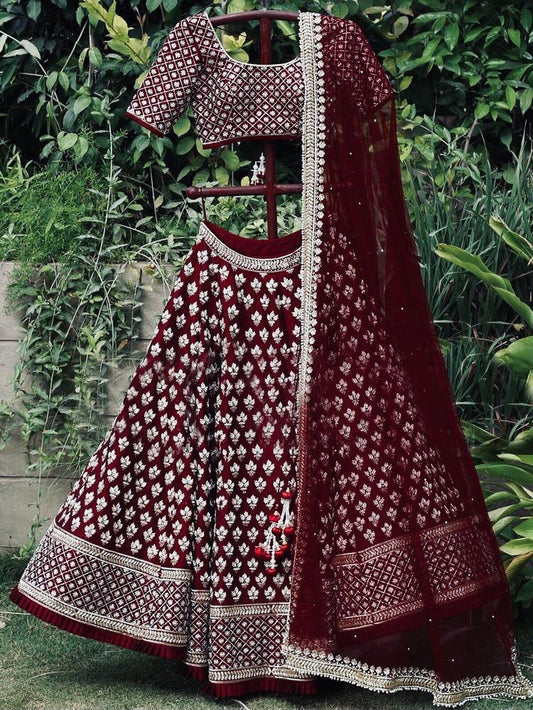 Dark maroon two tone tapeta silk heavy embroidered wedding lehenga choli