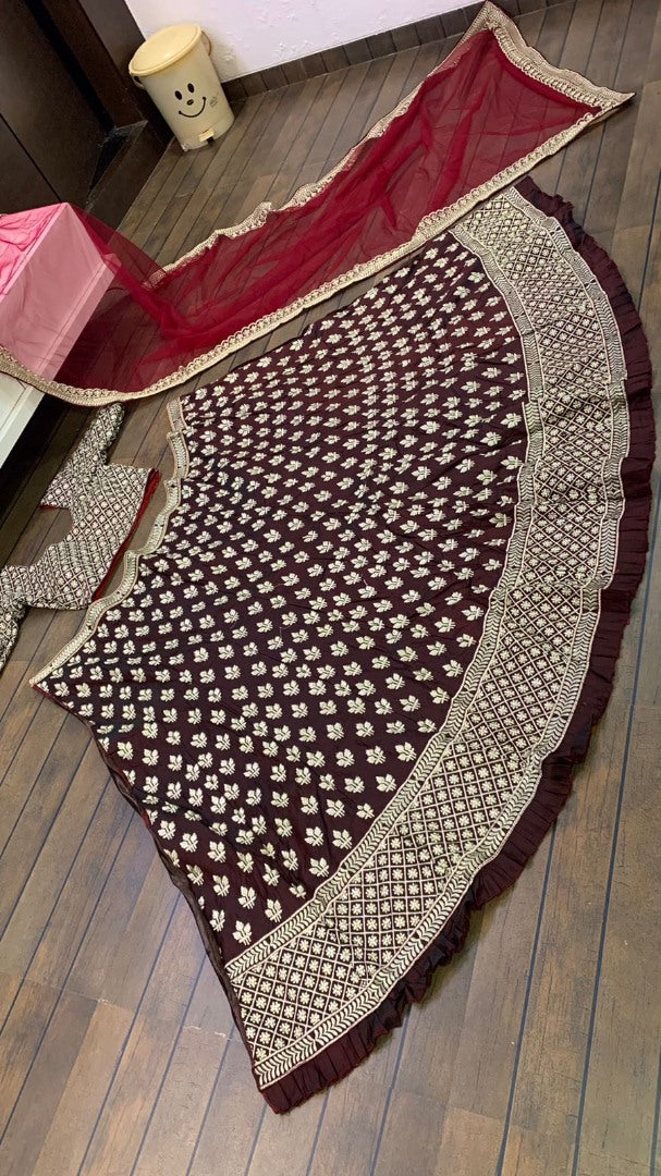 Dark maroon two tone tapeta silk heavy embroidered wedding lehenga choli