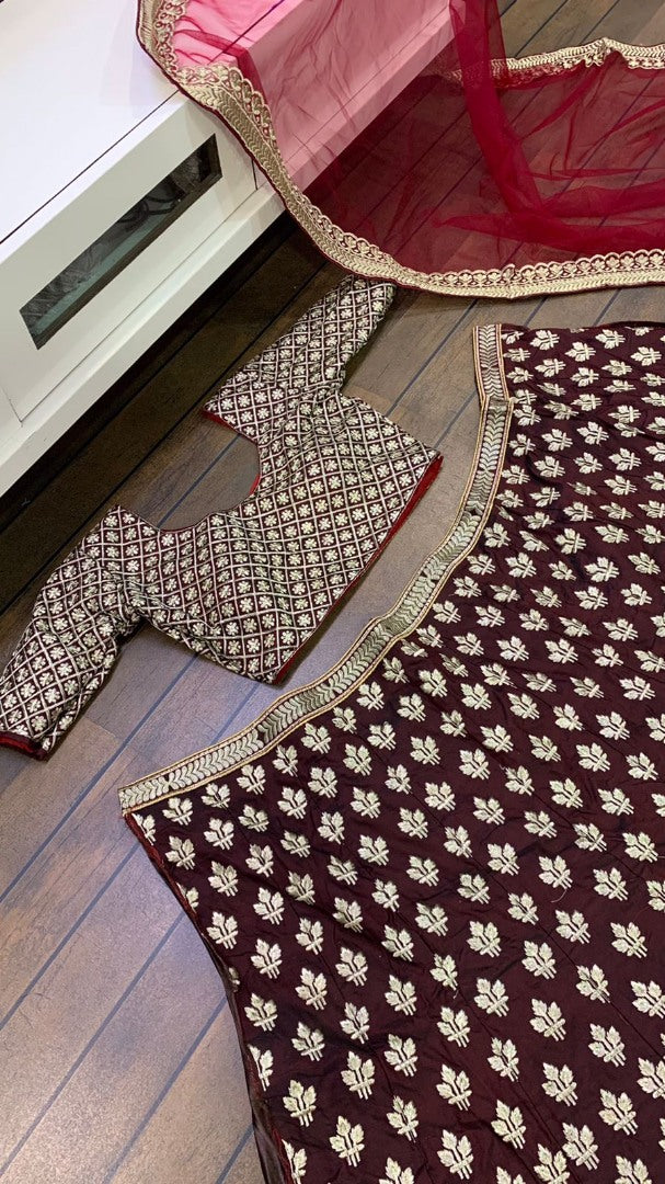 Dark maroon two tone tapeta silk heavy embroidered wedding lehenga choli