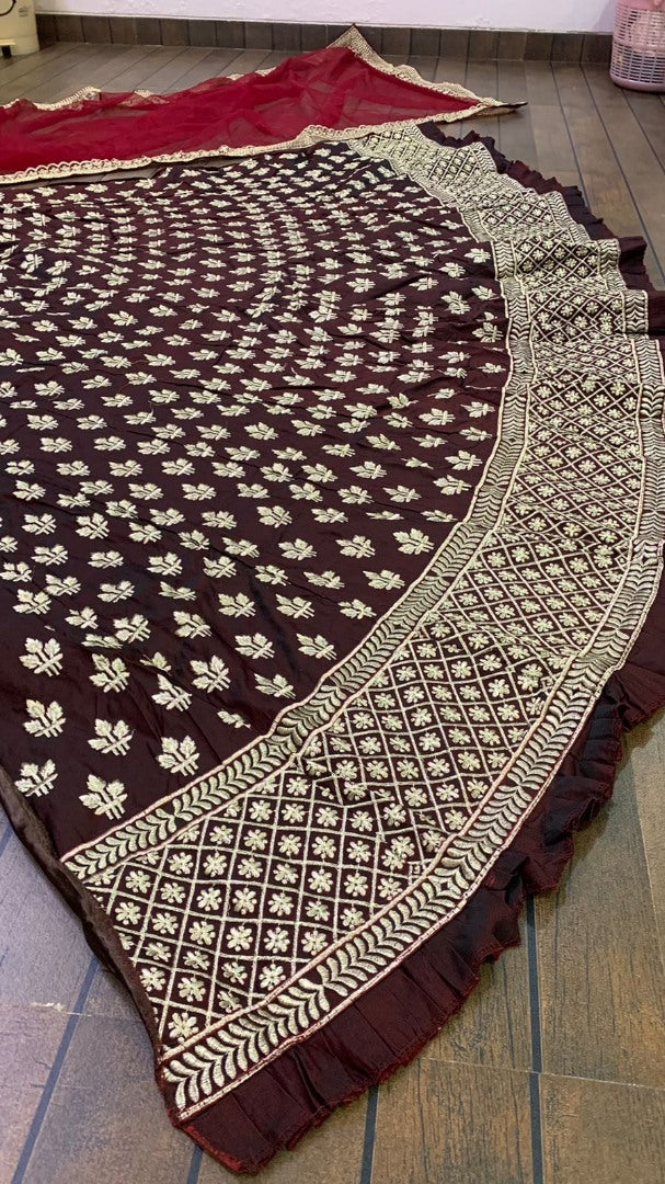 Dark maroon two tone tapeta silk heavy embroidered wedding lehenga choli