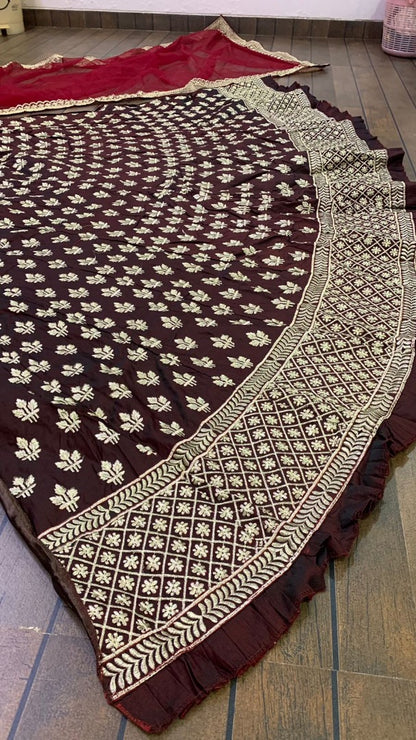 Dark maroon two tone tapeta silk heavy embroidered wedding lehenga choli