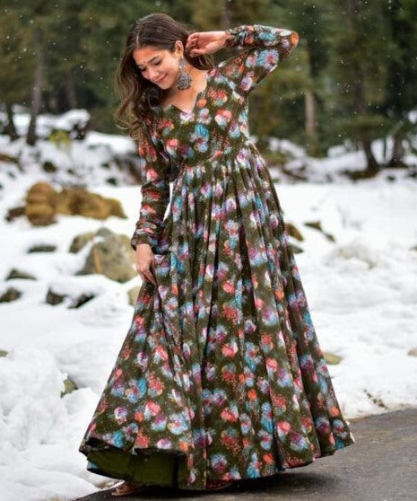 Dark mehendi green georgette floral printed gown