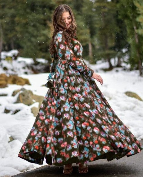 Dark mehendi green georgette floral printed gown