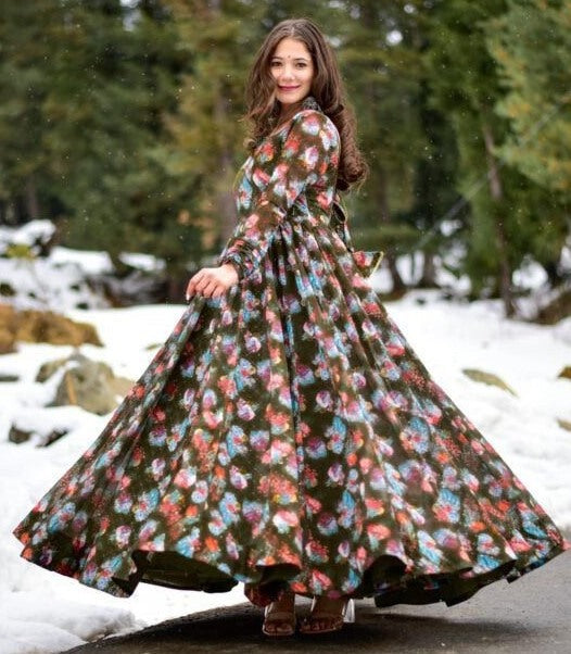 Dark mehendi green georgette floral printed gown