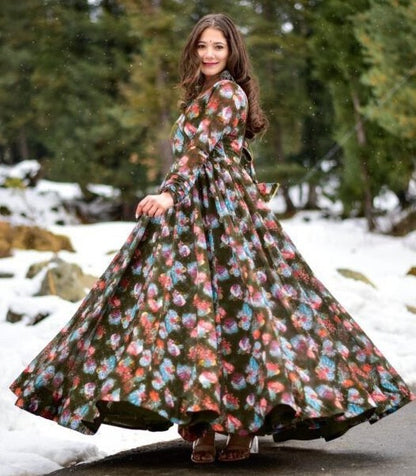 Dark mehendi green georgette floral printed gown