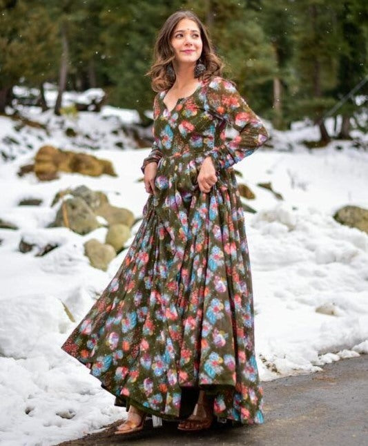 Dark mehendi green georgette floral printed gown