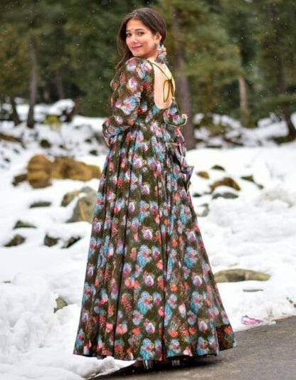 Dark mehendi green georgette floral printed gown