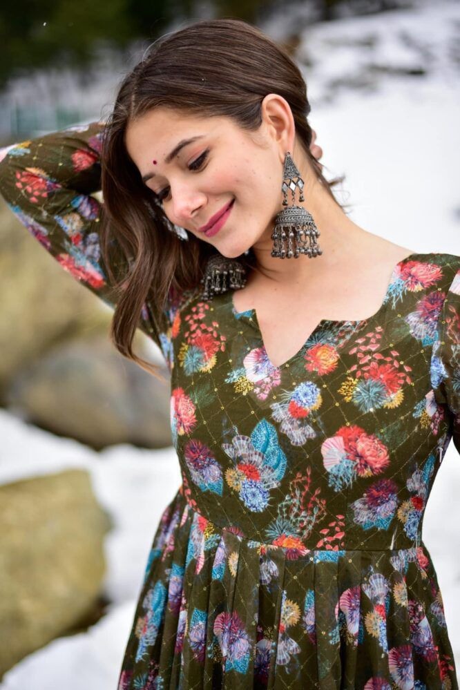 Dark mehendi green georgette floral printed gown