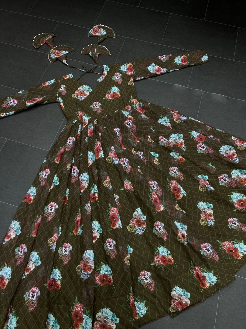 Dark mehendi green georgette floral printed gown