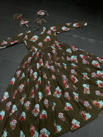 Dark mehendi green georgette floral printed gown