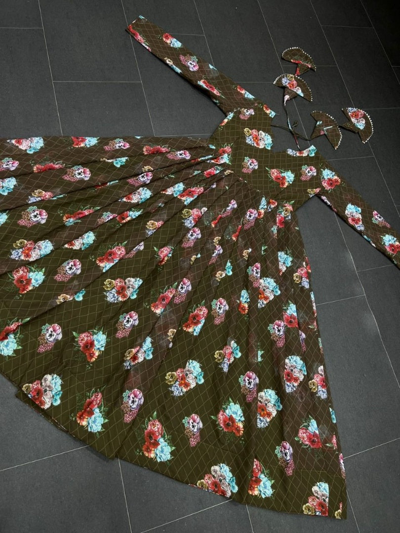 Dark mehendi green georgette floral printed gown