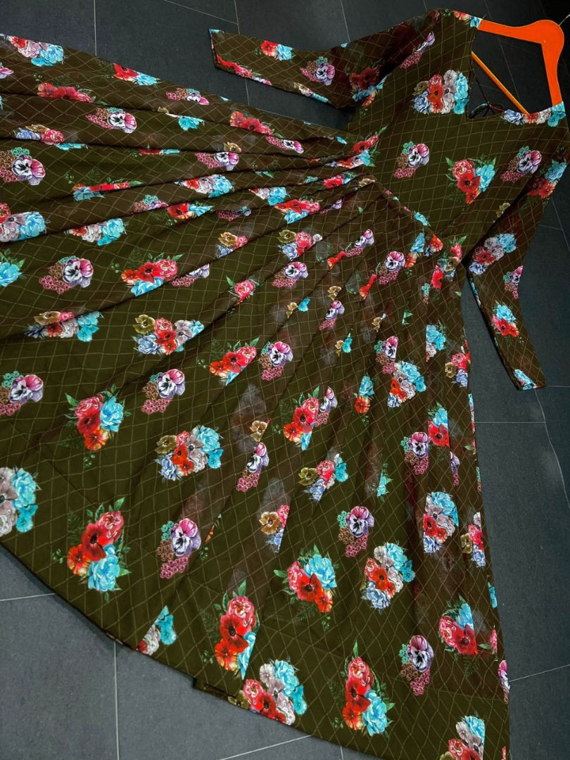 Dark mehendi green georgette floral printed gown