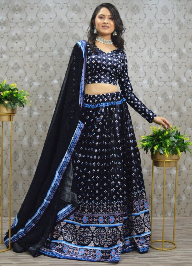 Dark navy blue malai silk digital printed lehenga choli