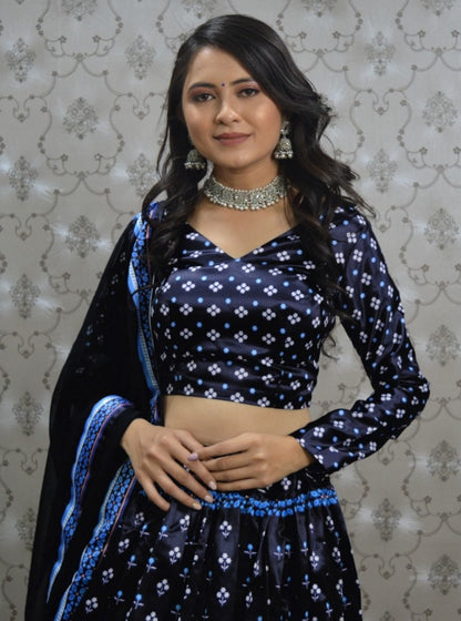 Dark navy blue malai silk digital printed lehenga choli