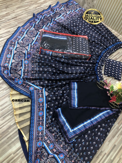 Dark navy blue malai silk digital printed lehenga choli