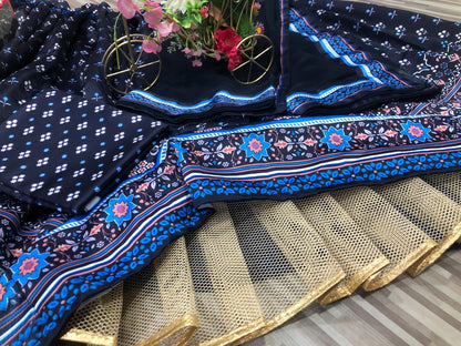 Dark navy blue malai silk digital printed lehenga choli