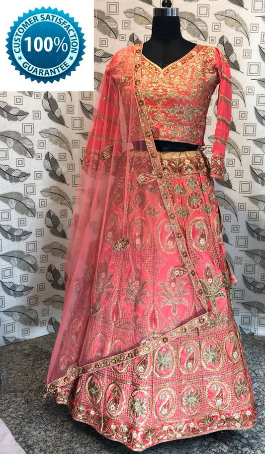 Dark orange rubi silk heavy embroidered bridal lehenga