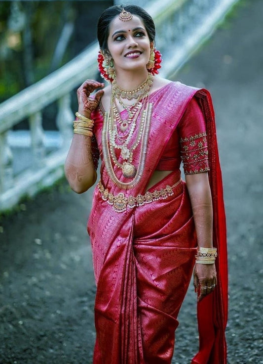 Dark pink banarasi kota silk jacquard weaing work wedding saree