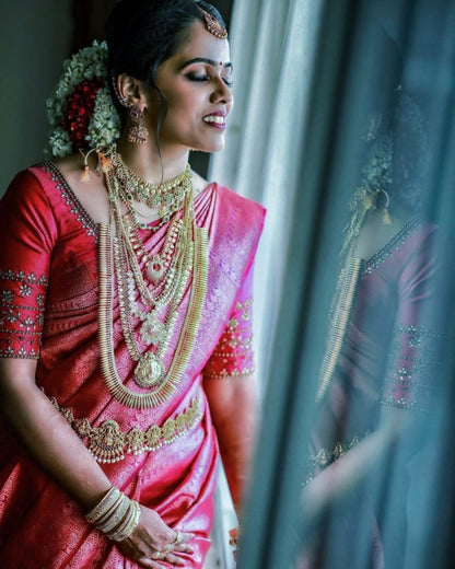 Dark pink banarasi kota silk jacquard weaing work wedding saree