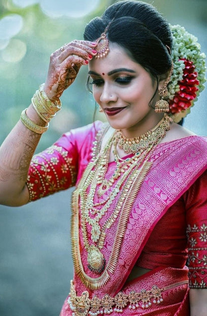 Dark pink banarasi kota silk jacquard weaing work wedding saree