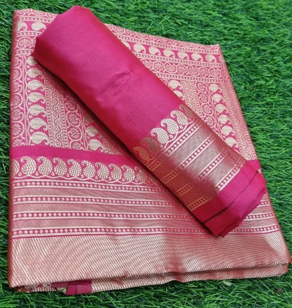 Dark pink banarasi kota silk jacquard weaing work wedding saree