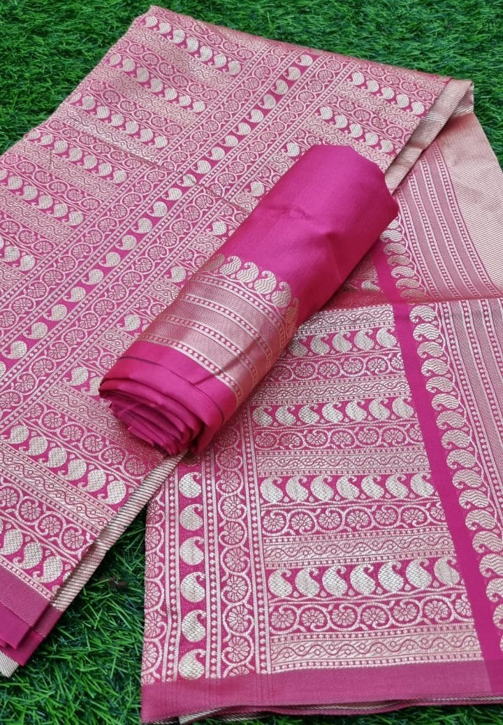 Dark pink banarasi kota silk jacquard weaing work wedding saree