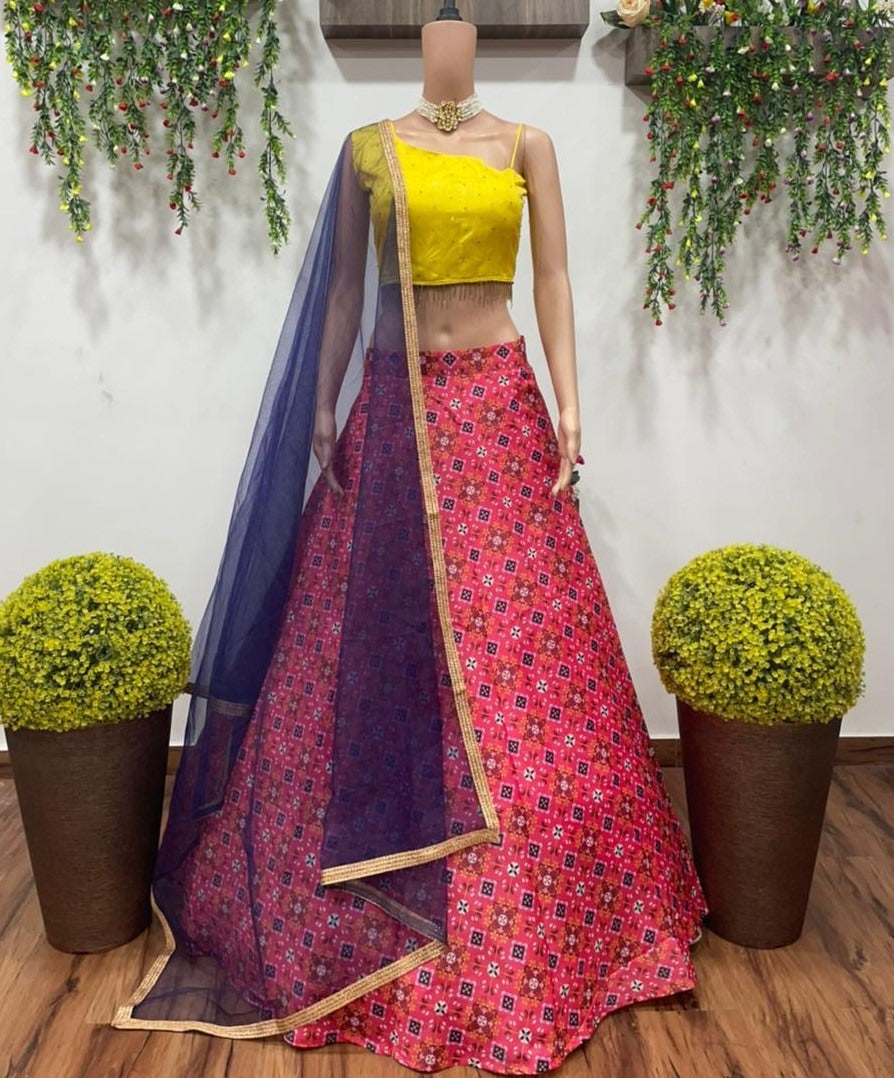 Dark pink banglory plain and diamond work lehenga choli