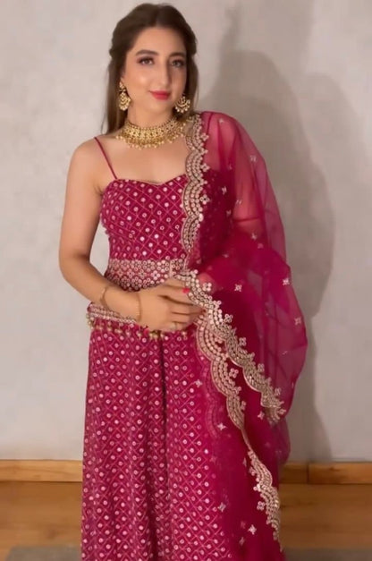 Dark pink georgette heavy sequence work plazzo suit