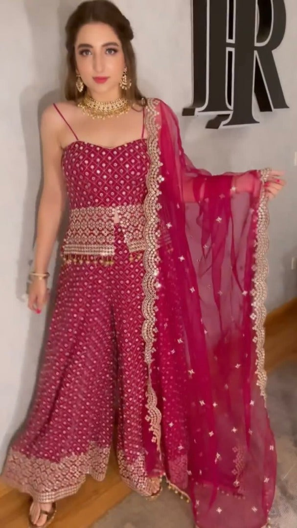 Dark pink georgette heavy sequence work plazzo suit