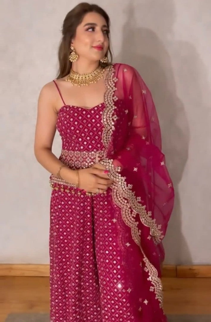 Dark pink georgette heavy sequence work plazzo suit