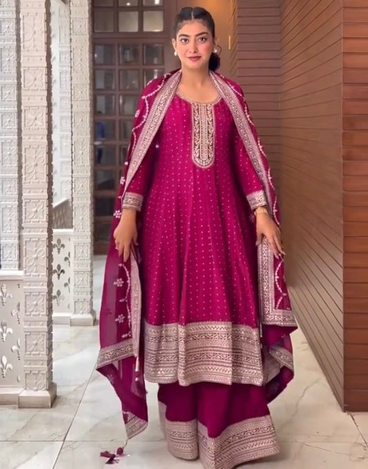 Dark pink georgette sequence coding work palazzo suit