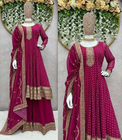 Dark pink georgette sequence coding work palazzo suit