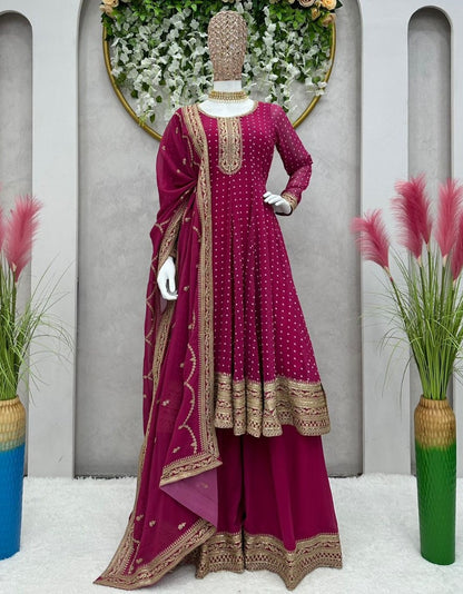 Dark pink georgette sequence coding work palazzo suit