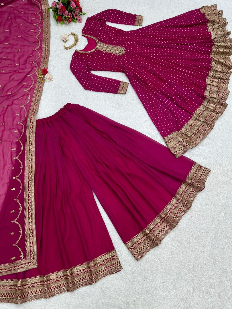 Dark pink georgette sequence coding work palazzo suit