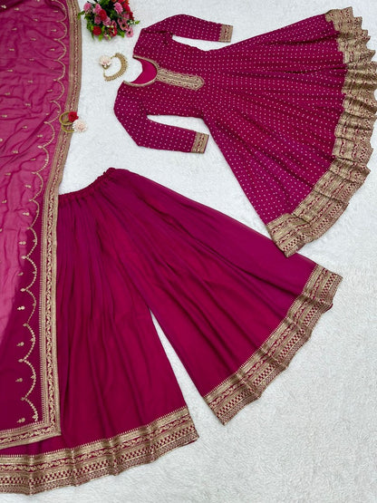 Dark pink georgette sequence coding work palazzo suit