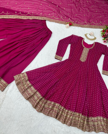 Dark pink georgette sequence coding work palazzo suit