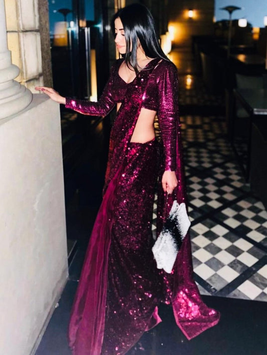 Dark pink georgette sequence work partywear saree