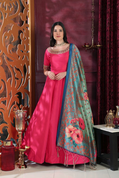 Dark pink silk zardoshi handworked neck designer gown with printed dupatta