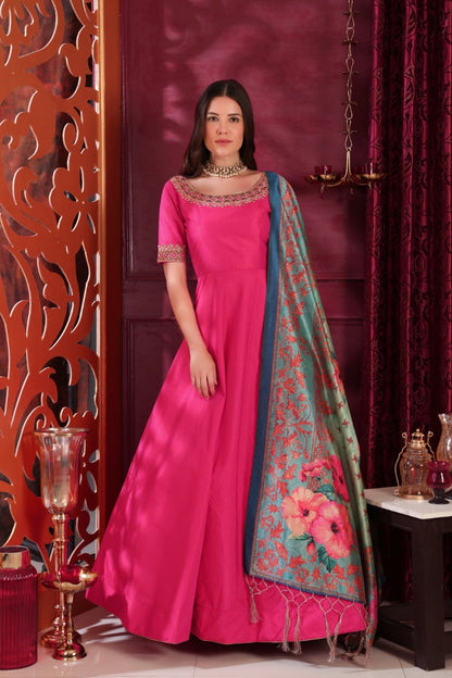Dark pink silk zardoshi handworked neck designer gown with printed dupatta