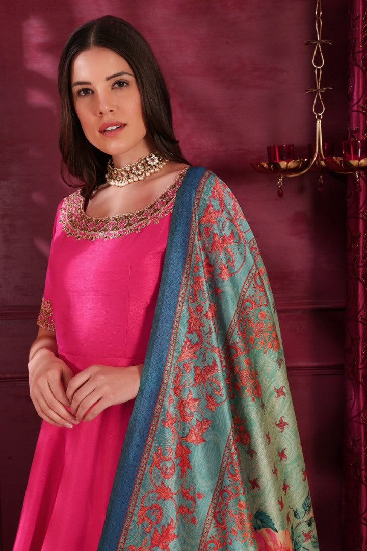 Dark pink silk zardoshi handworked neck designer gown with printed dupatta