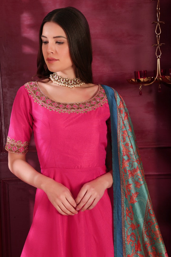 Dark pink silk zardoshi handworked neck designer gown with printed dupatta