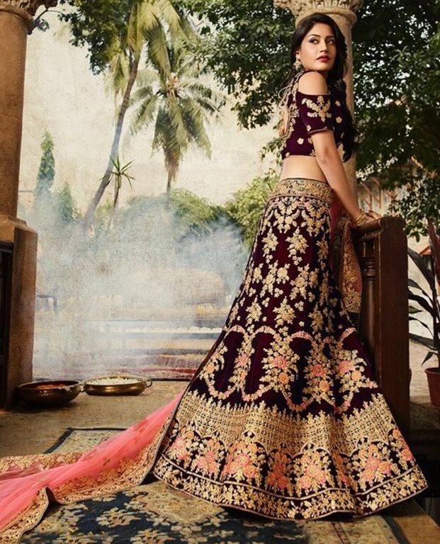 Dark purple banglori silk heavy embroidered bridal lehenga