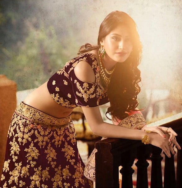 Dark purple banglori silk heavy embroidered bridal lehenga