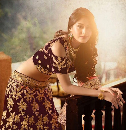 Dark purple banglori silk heavy embroidered bridal lehenga