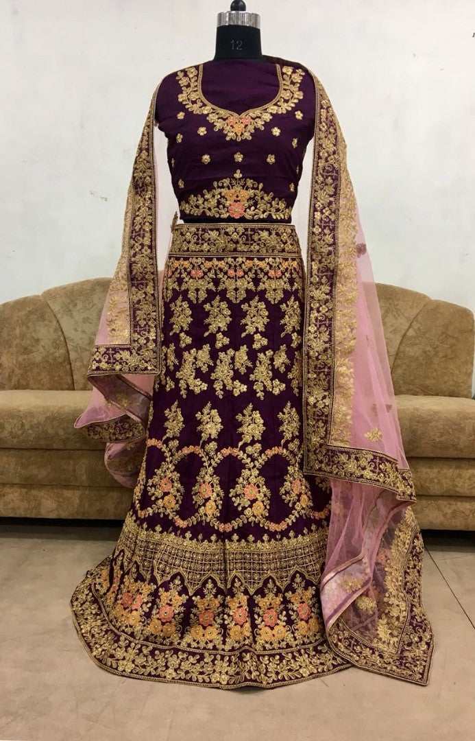 Dark purple banglori silk heavy embroidered bridal lehenga